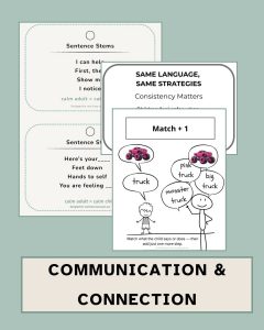 Preview image of the Visual Foundations™ Communication & Connection Pack featuring sentence stem lanyards, communication supports, consistency tools, and a Match + 1 language development poster designed to help children communicate, connect, and participate.