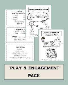 Play & Engagement Pack cover from Visual Foundations™ featuring the pillars of Relationships, Access, and Advocacy. Includes illustrations of children engaged in independent play, peer play, and adult-supported interaction.