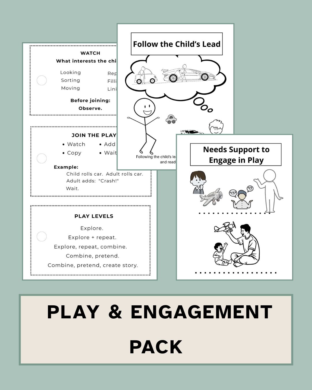 Play & Engagement Pack cover from Visual Foundations™ featuring the pillars of Relationships, Access, and Advocacy. Includes illustrations of children engaged in independent play, peer play, and adult-supported interaction.
