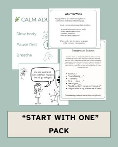 Preview image of the Visual Foundations™ Start With One Pack featuring sentence stems, calm adult strategies, communication supports, and implementation guides designed to help adults create consistency, confidence, and connection in everyday classroom interactions.