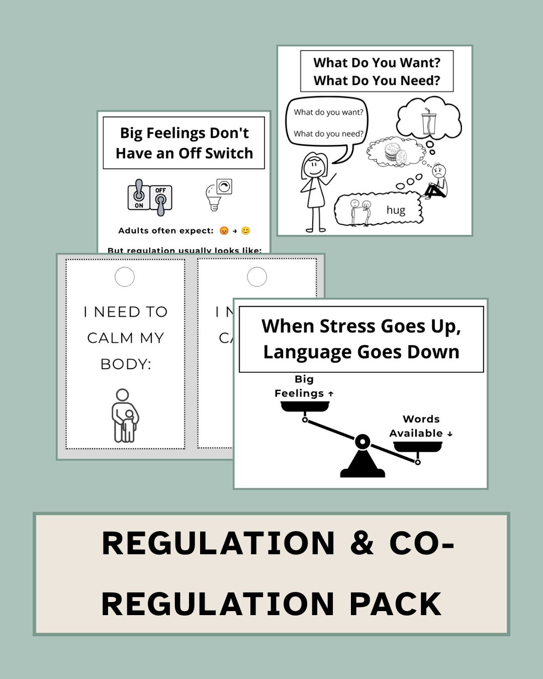 Preview image of the Visual Foundations™ Regulation & Co-Regulation Pack featuring sample posters and visual supports about emotional regulation, communication during stress, calming strategies, co-regulation, and identifying needs during challenging moments.