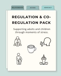 Regulation & Co-Regulation Pack cover from Visual Foundations™ featuring the pillars of Relationships, Access, and Advocacy. Includes illustrations representing stress, calming strategies, breathing, co-regulation, comfort, and mindfulness.