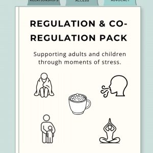 Regulation & Co-Regulation Pack cover from Visual Foundations™ featuring the pillars of Relationships, Access, and Advocacy. Includes illustrations representing stress, calming strategies, breathing, co-regulation, comfort, and mindfulness.