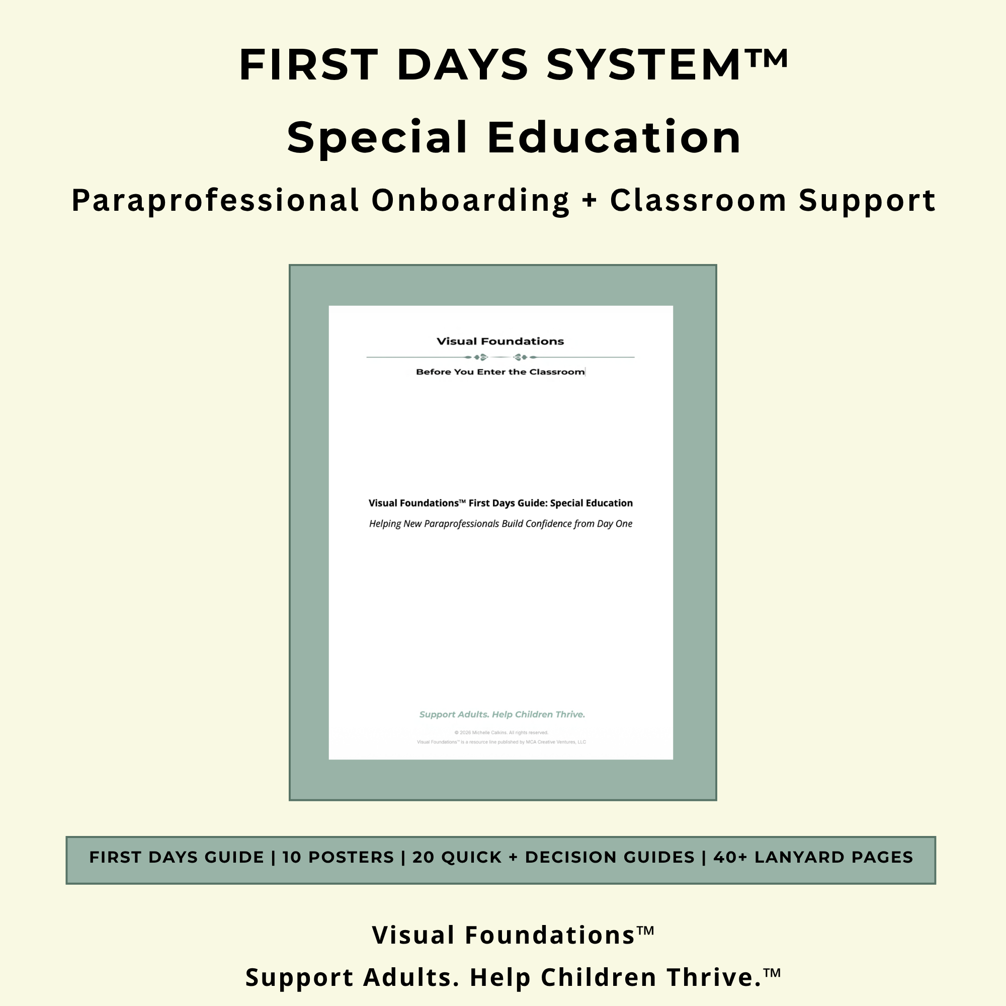 First Days System™ Special Education paraprofessional onboarding and classroom support system with guide, posters, quick decision guides, and lanyard pages.