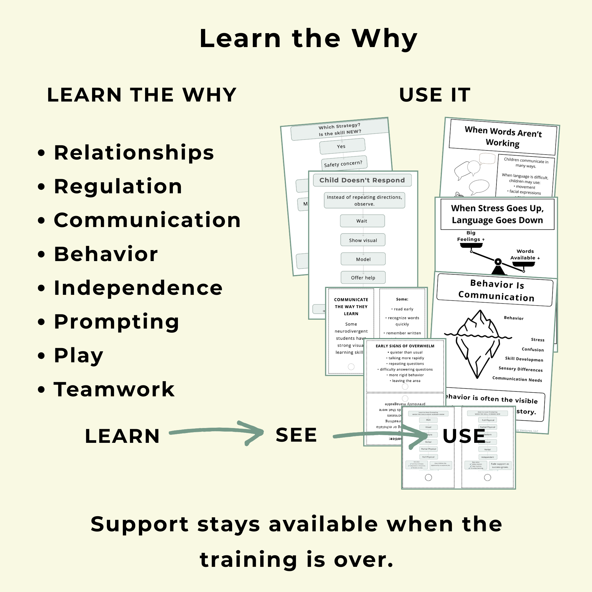 First Days System™ special education paraprofessional training showing how staff learn foundations in relationships, regulation, communication, behavior, independence, prompting, play, and teamwork, then use visual classroom supports.
