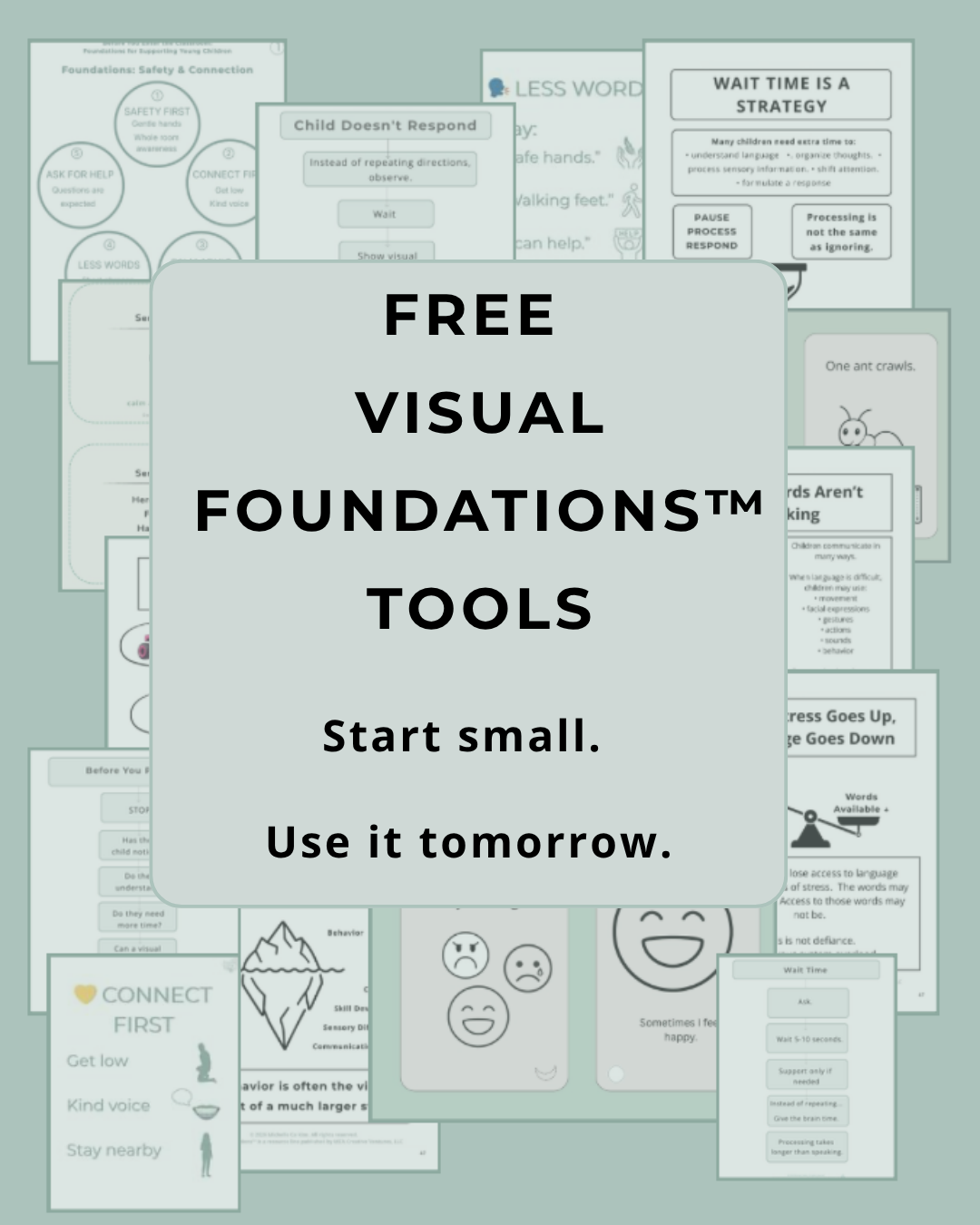 Preview of free Visual Foundations™ tools for adults supporting children, including visual guides, flowcharts, lanyards, and classroom resources.